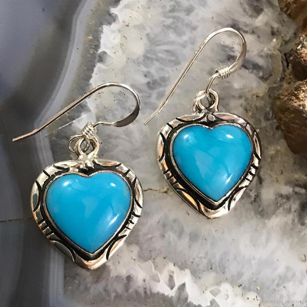 Native American Sterling Silver Small Heart Shaped Turquoise Dangle Earrings